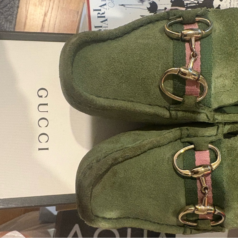 Gucci Olive Suede Loafers with Gold Details